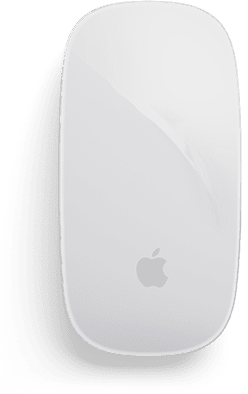 Um Apple Magic Mouse branco e elegante com o logotipo da Apple, visto de cima em um fundo simples.