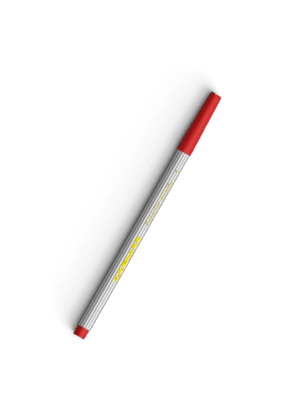 Uma caneta esferográfica com corpo prateado e tampa vermelha, disposta diagonalmente sobre um fundo liso.