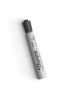 Um marcador Sharpie preto com uma tampa preta, sobre um fundo branco. A palavra Sharpie é exibida com destaque no rótulo da caneta.