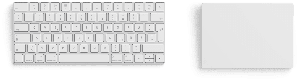 healthy homes Um teclado sem fio branco e um trackpad branco são colocados lado a lado em um fundo simples. O teclado apresenta um layout QWERTY completo, enquanto o trackpad é suave e retangular.