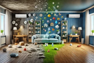 indoor pollutants indoor pollutants Uma sala de estar dividida em duas metades contrastantes: um lado é poluído, com um teto sujo e detritos espalhados; o outro incorpora moradia livre de resíduos, com decoração fresca e plantas verdes. Os condicionadores de ar acima simbolizam a melhoria da qualidade do ar nesta casa sem poluentes.