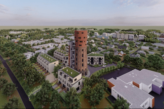 COLOGNE PROJECT 1 COLOGNE PROJECT 1 Vista aérea de uma área urbana com uma grande torre vermelha cilíndrica cercada por modernos edifícios retangulares com telhados verdes. A paisagem inclui árvores, casas residenciais e espaços abertos sob um céu azul.