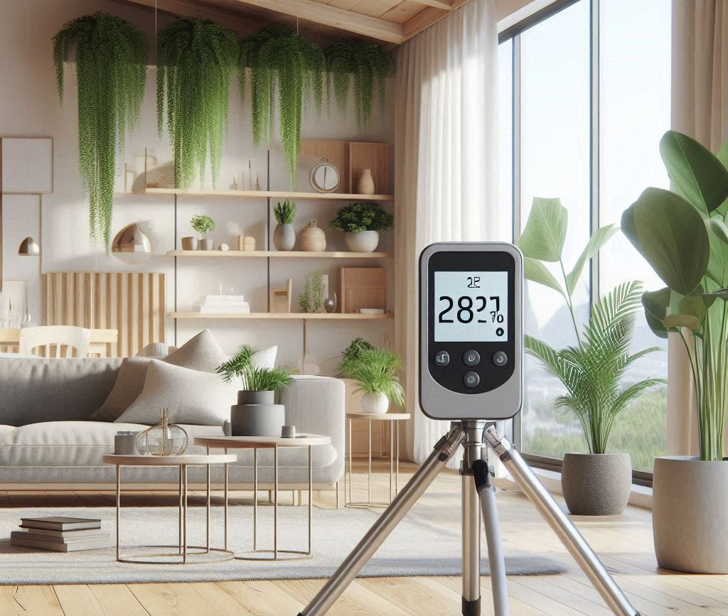 Building Biology Standards Um monitor digital de qualidade do ar em um tripé exibe leituras em uma sala de estar moderna e iluminada, com grandes janelas, plantas verdes e detalhes em madeira.