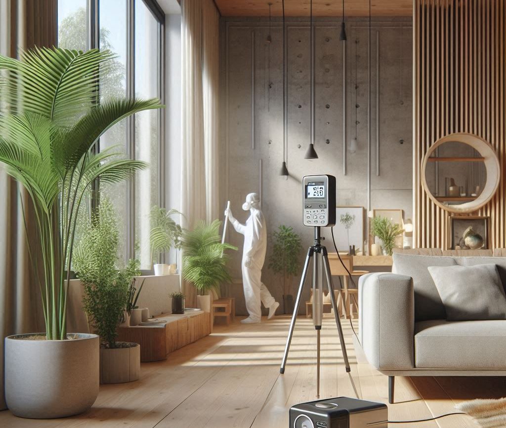 Building Biology Standards Uma sala de estar moderna com janelas amplas, plantas exuberantes, piso de madeira e decoração neutra. Um monitor digital de qualidade do ar em um tripé está em primeiro plano, com uma pessoa cuidando de plantas perto da janela.