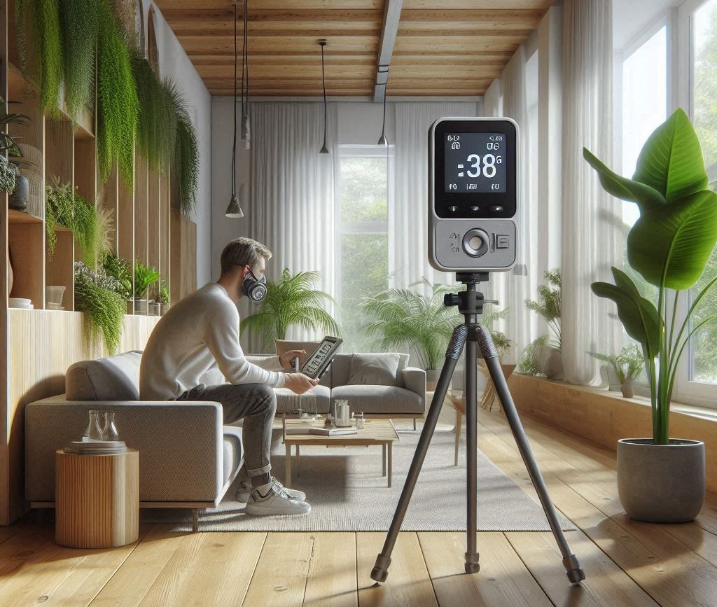 Building Biology Standards Certified building biologist measuring indoor air quality with high-tech sensor device in a modern, eco-friendly living room with wooden floors, green plants, and natural light – promoting healthy and sustainable building design.