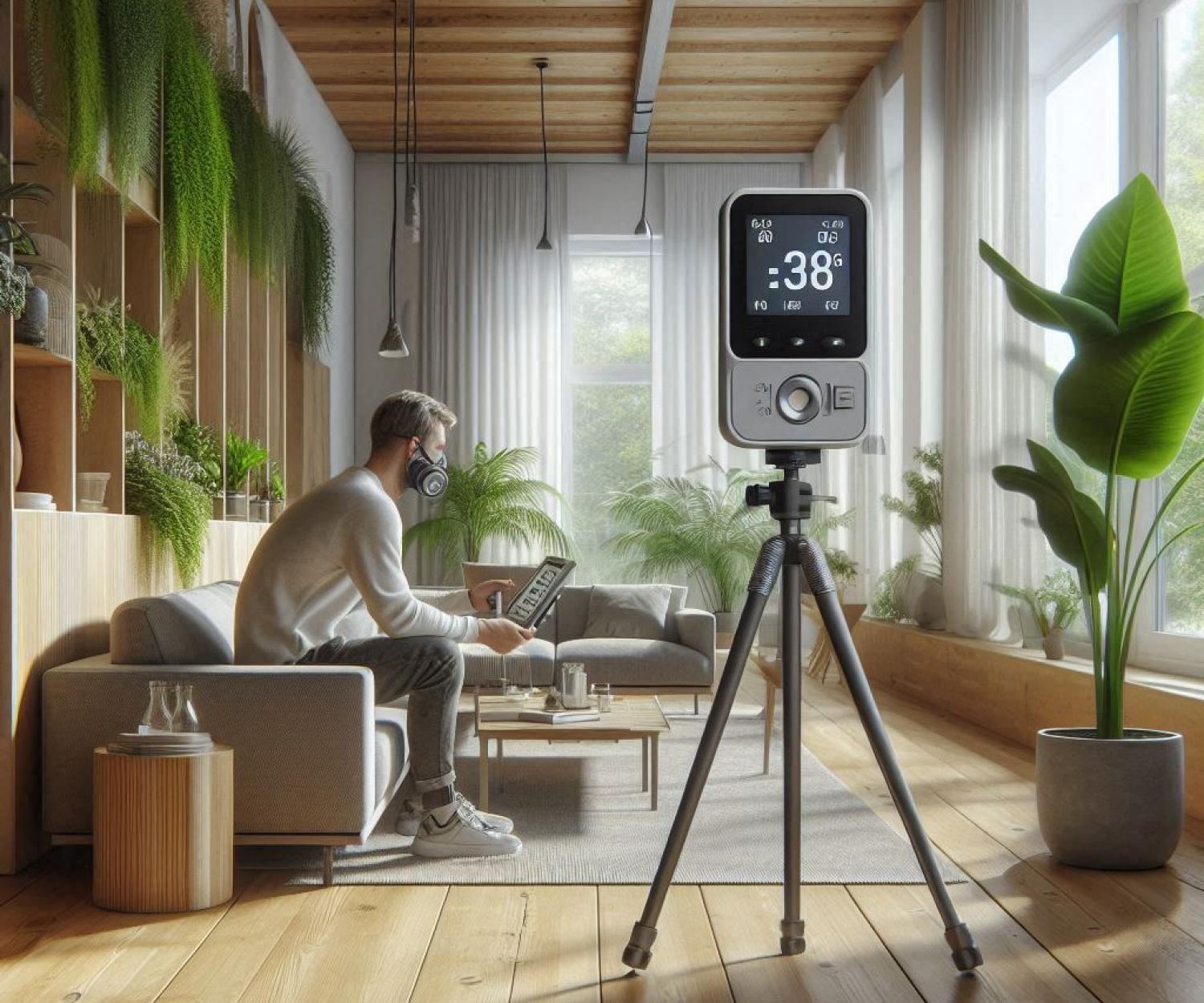 Building Biology Standards Certified building biologist measuring indoor air quality with high-tech sensor device in a modern, eco-friendly living room with wooden floors, green plants, and natural light – promoting healthy and sustainable building design.