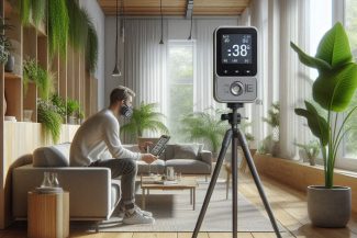 Enhancing Sustainable Housing Development: mezzalyn for Building Biology Assessment Building Biology Standards Certified building biologist measuring indoor air quality with high-tech sensor device in a modern, eco-friendly living room with wooden floors, green plants, and natural light – promoting healthy and sustainable building design.