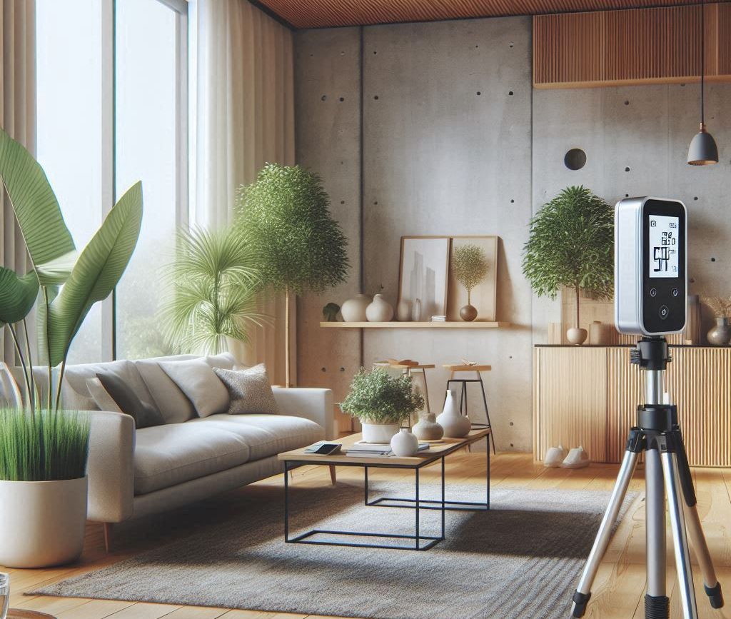 Building Biology Standards Uma sala de estar moderna com plantas de interior, um sofá e uma mesa de centro, com um monitor de qualidade do ar em um tripé em primeiro plano. A luz do sol entra pelas grandes janelas, criando uma atmosfera iluminada e natural.